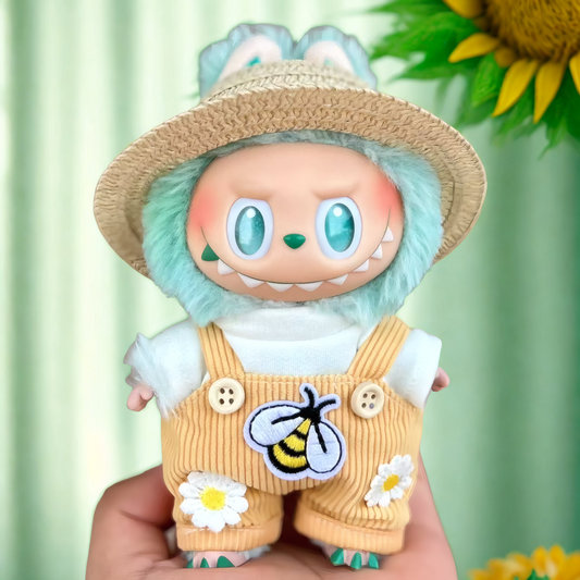 Sunny Bee Garden Look 3-Piece Set | Fits 15–17cm Labubu Dolls | Straw Hat, Top, Bee Overalls