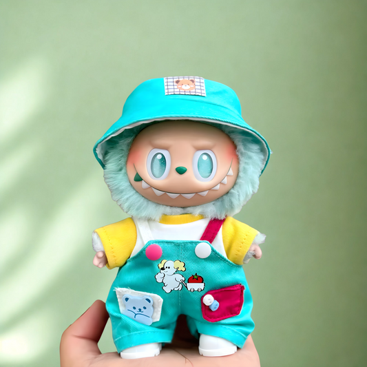 Playful Puppy Parade Look 3-Piece Set | Fits 15–17cm Labubu Dolls | Hat, Tee, Cartoon Overalls