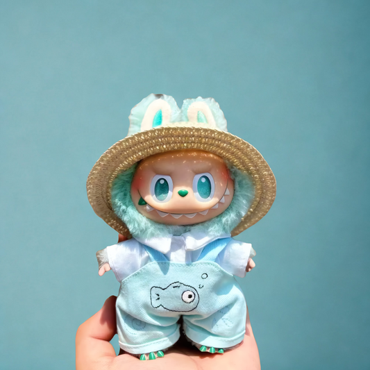 Minty Fish Garden Look 3-Piece Set | Fits 15–17cm Labubu Dolls | Straw Hat, Shirt, Fish Overalls