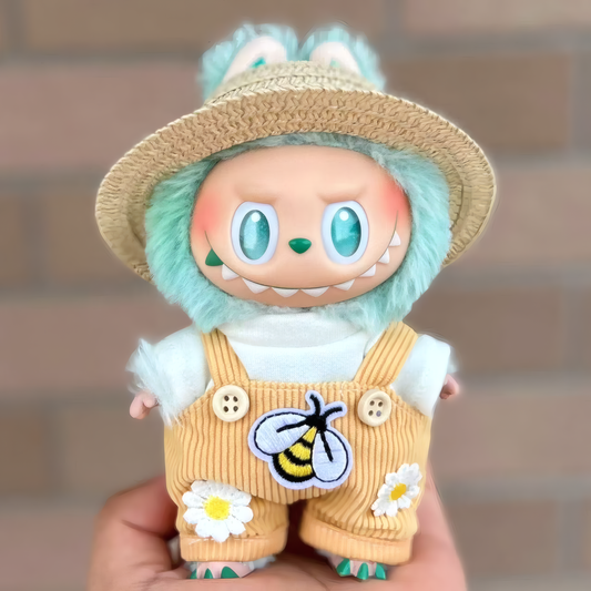 Sunny Bee Garden Look 3-Piece Set | Fits 15–17cm Labubu Dolls | Straw Hat, Top, Bee Overalls