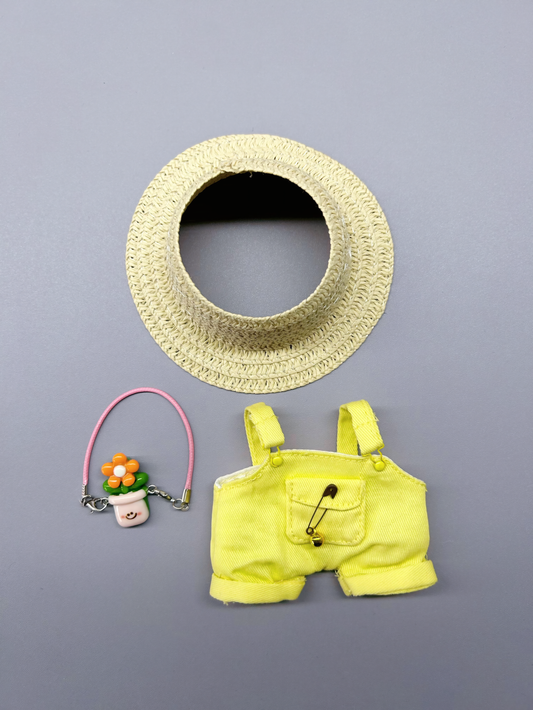 Lemon Garden Babe Look 4-Piece Set | Fits 15–17cm Labubu Dolls | Straw Hat, Top, Overalls, Flower Bag