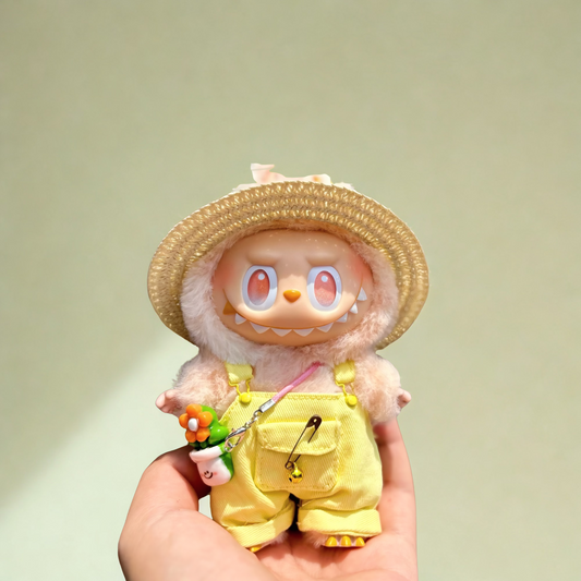 Lemon Garden Babe Look 4-Piece Set | Fits 15–17cm Labubu Dolls | Straw Hat, Top, Overalls, Flower Bag